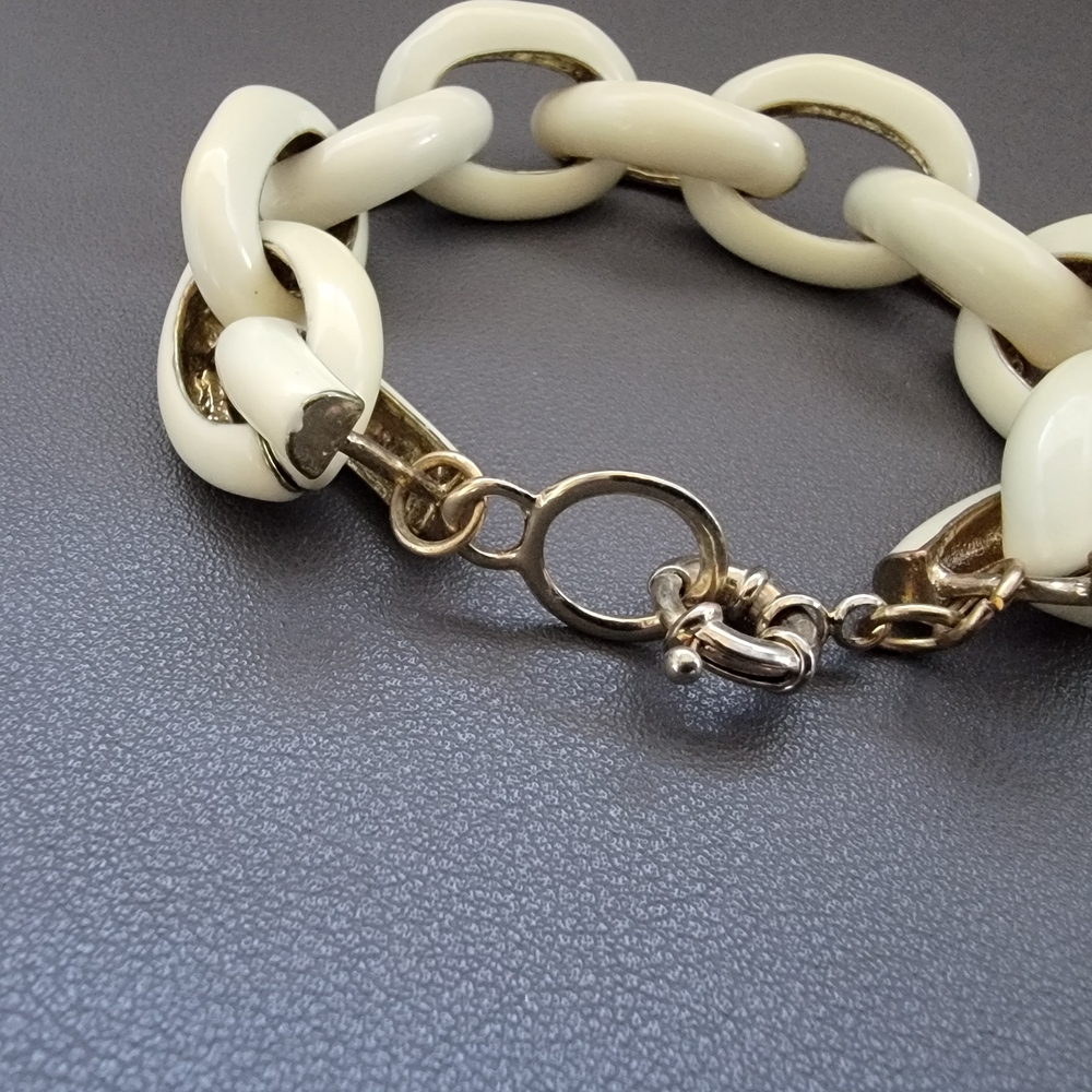 Vintage Cream Enamel Chain Link Bracelet – Chunky Statement Bracelet - Picture 2 of 5
